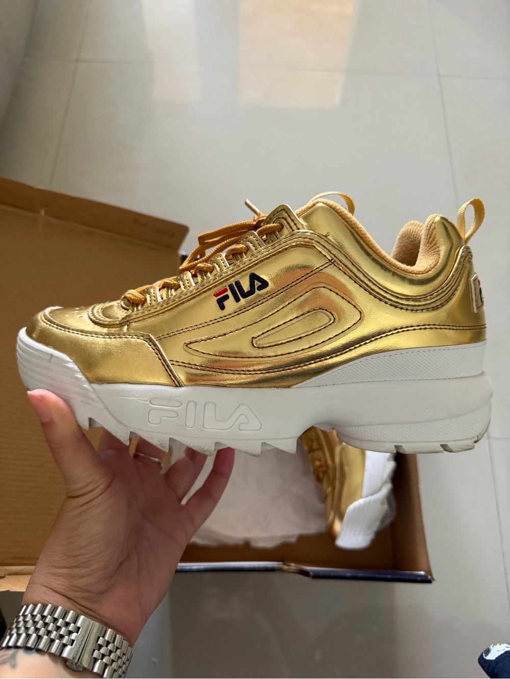 Fila Gold Metallic Chunky Sneakers with White Sole - Picture 3 of 9